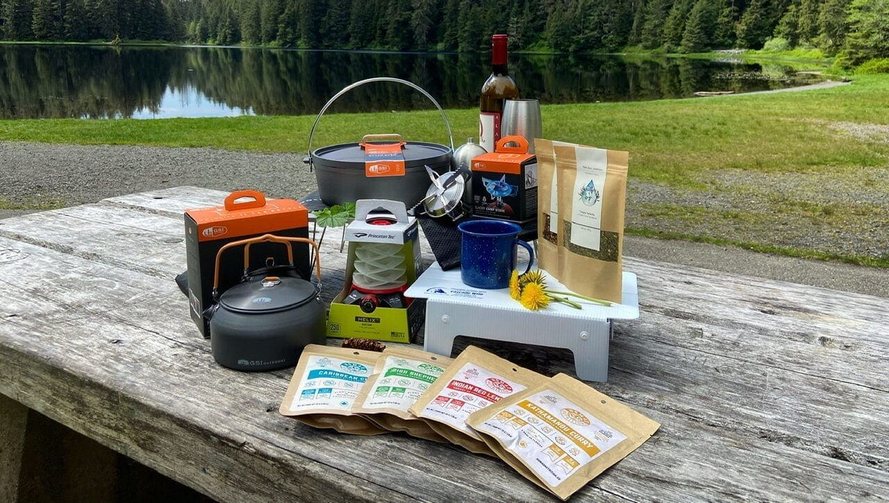 outdoor gear selection at a lake