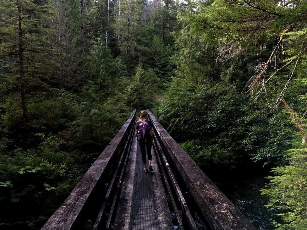 Woman crossing wood bridge on a rainforest trail