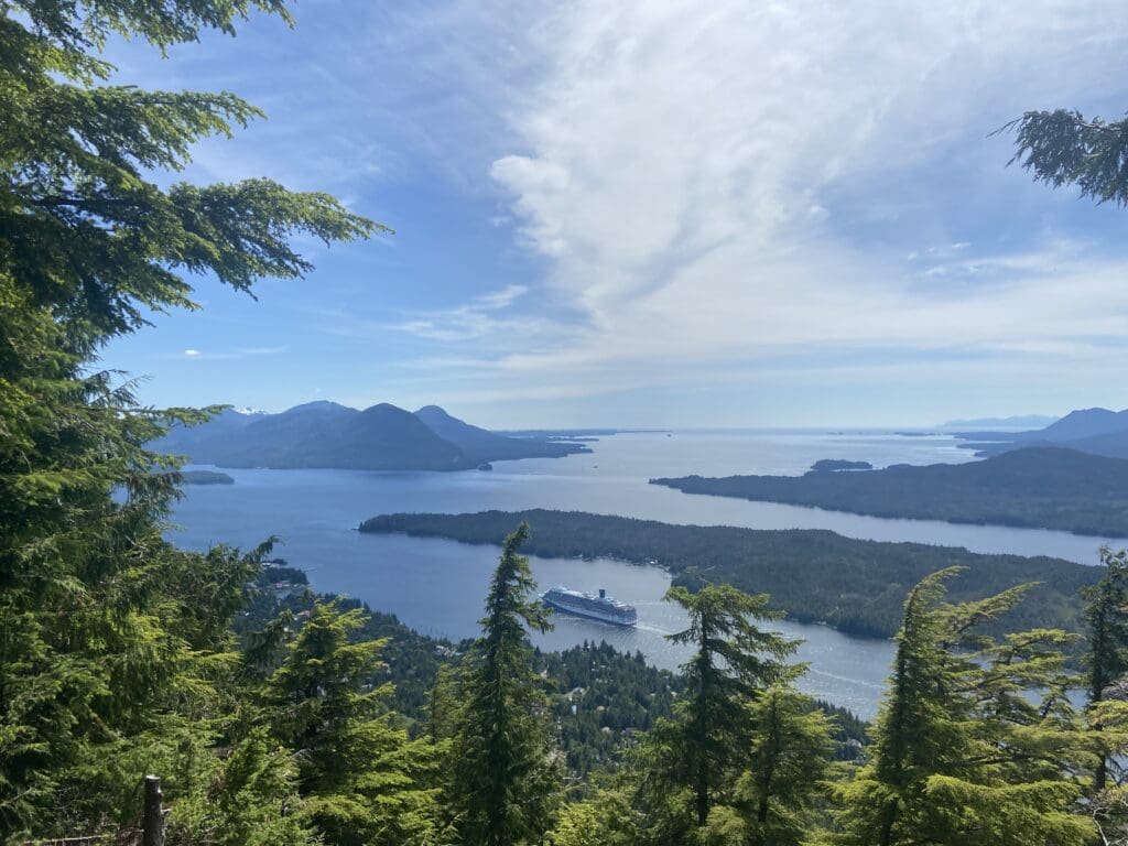 A cruise ship in the Tongass Narrows and view of surrounding islands from Deer Mountain