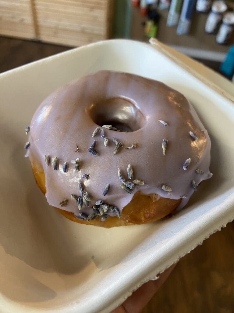 Lavender donut in a rigid paper container